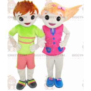 2 BIGGYMONKEY™s maskotar: en pojke och en tjej i färgglada