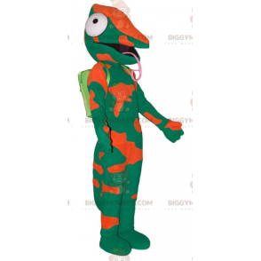 Traje de mascote camaleão Big Tongue verde e laranja