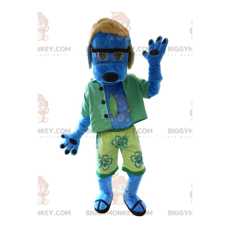 Blue Dog BIGGYMONKEY™ Mascot Costume in Holiday Outfit. Summer