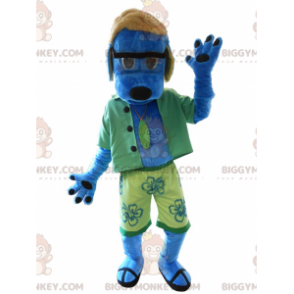 Blue Dog BIGGYMONKEY™ Mascot Costume in Holiday Outfit. Summer