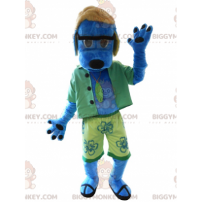 Blå hund BIGGYMONKEY™ maskotdräkt i semesteroutfit. Sommar