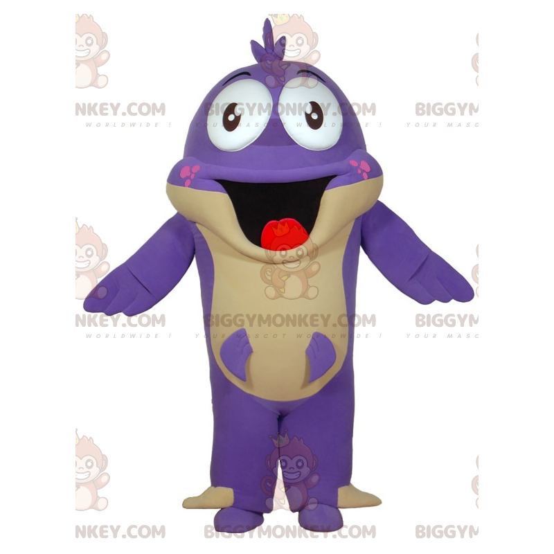 Fato de mascote BIGGYMONKEY™ de peixe roxo com boca grande.