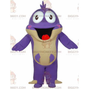 Fato de mascote BIGGYMONKEY™ de peixe roxo com boca grande.