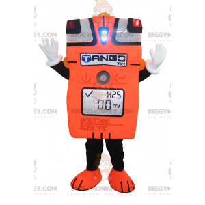 Traje de mascote de amperímetro gigante laranja e preto