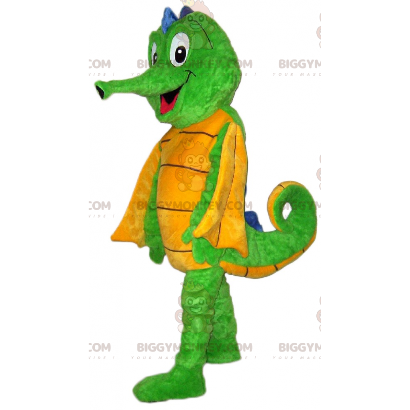 Traje de mascote BIGGYMONKEY™ de cavalo marinho verde e amarelo