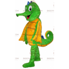 Traje de mascote BIGGYMONKEY™ de cavalo marinho verde e amarelo