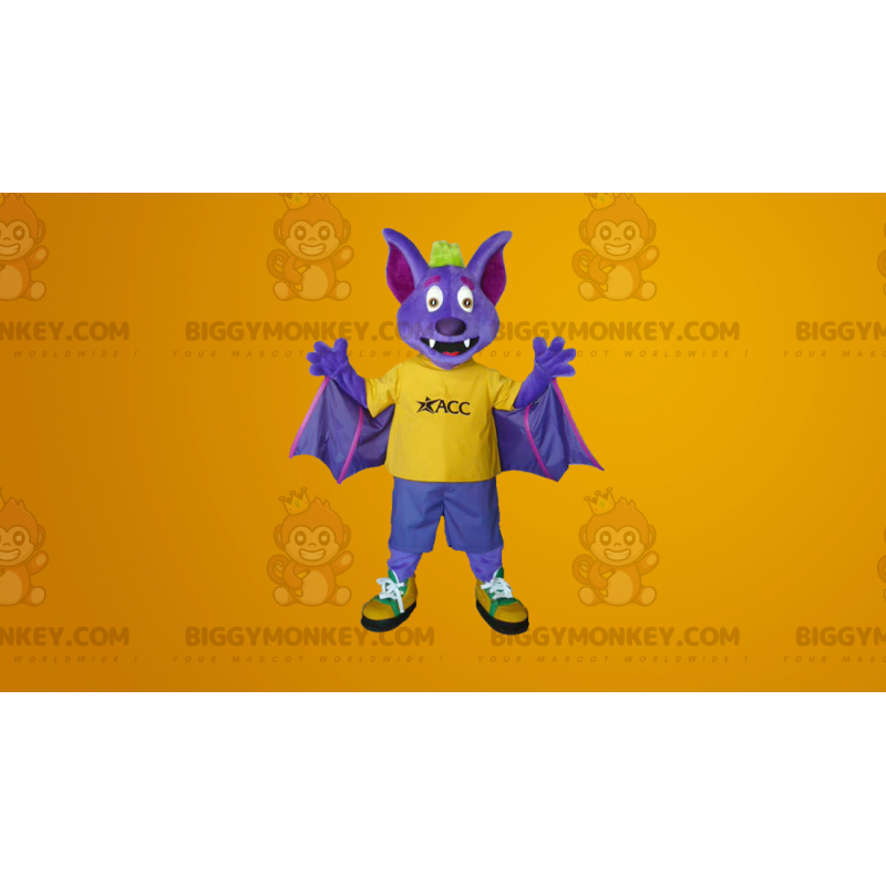 Kostým fialového a žlutého netopýra BIGGYMONKEY™ maskota –
