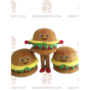 Traje de mascote de hambúrguer gigante, sorridente e apetitoso