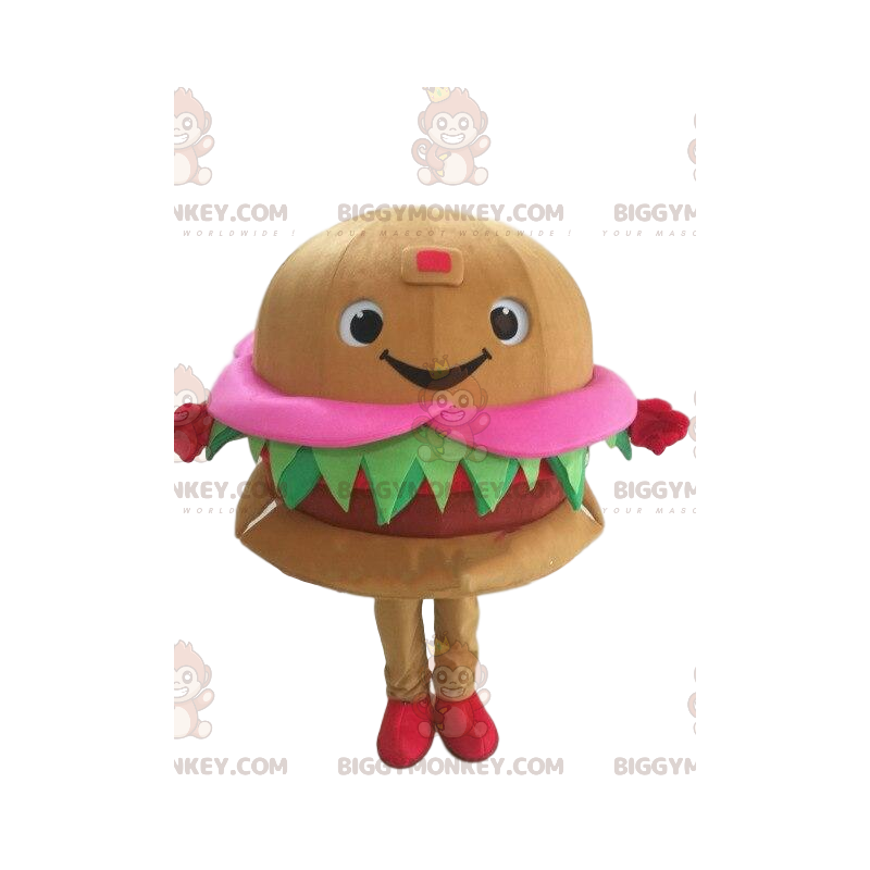 Traje de mascote de hambúrguer apetitoso sorridente