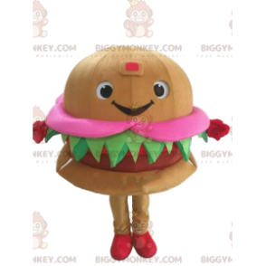Hymyilevä ruokahaluinen hampurilainen BIGGYMONKEY™ maskottiasu.