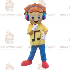 Young boy BIGGYMONKEY™ mascot costume with headphones. music