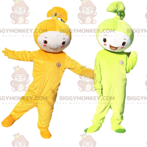 2 BIGGYMONKEY's bladmascottes, een groene en een oranje.