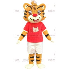 Oranje en zwarte tijger mascotte. Oranje tijger kostuum.