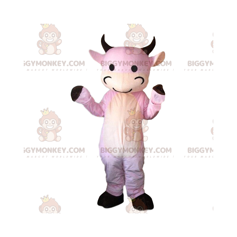 Kostým maskota BIGGYMONKEY™ v převleku růžové krávy. kravský