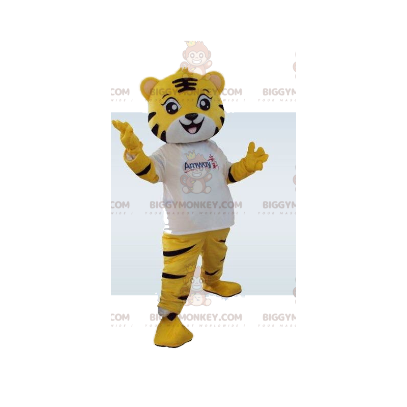 Κίτρινη στολή μασκότ BIGGYMONKEY™ Tiger. Στολή τίγρης. στολή