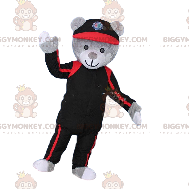 BIGGYMONKEY™ maskot kostume grå bamse kostume i sort og rød.