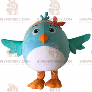 Kostým maskota BIGGYMONKEY™ bílý a modrý kostým ptáka, kulatý a