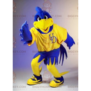 Traje de mascote de pássaro amarelo e azul BIGGYMONKEY™ –