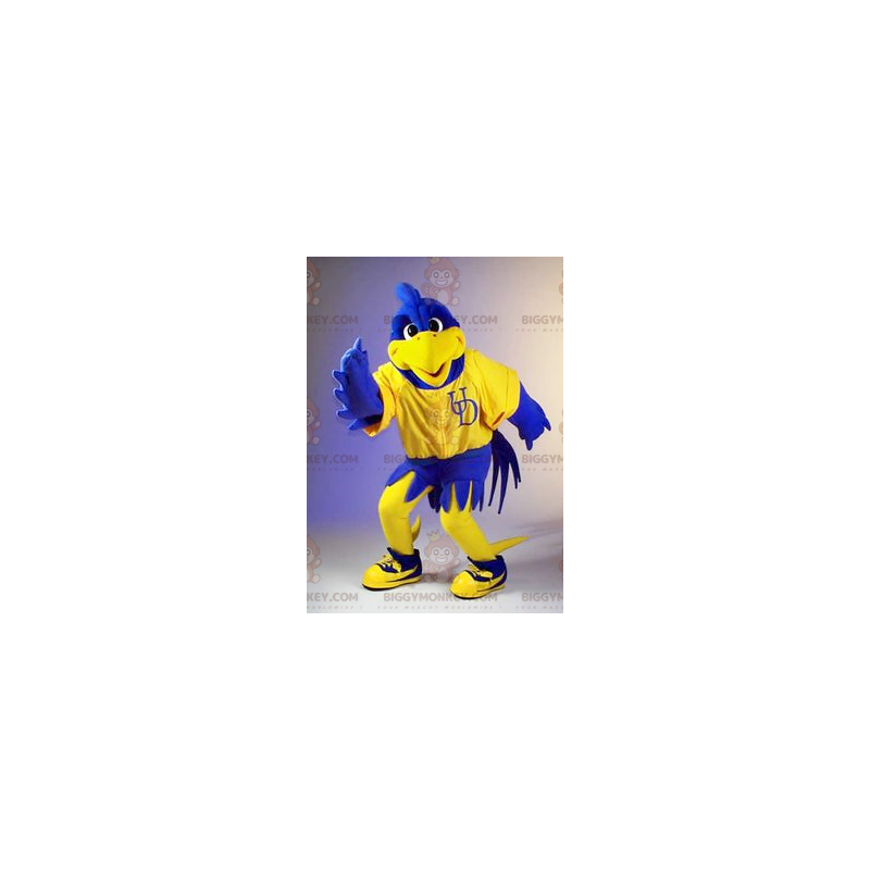Traje de mascote de pássaro amarelo e azul BIGGYMONKEY™ –