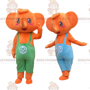 2 maskoti BIGGYMONKEY™ oranžoví sloni v montérkách. Kostýmy