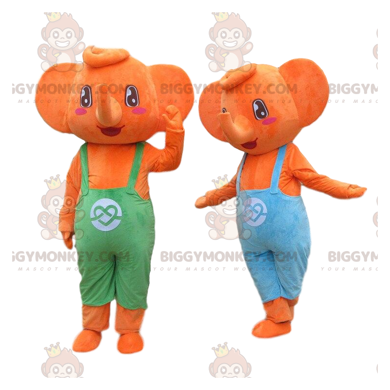 2 BIGGYMONKEY's mascotte oranje olifanten in overall. Olifant