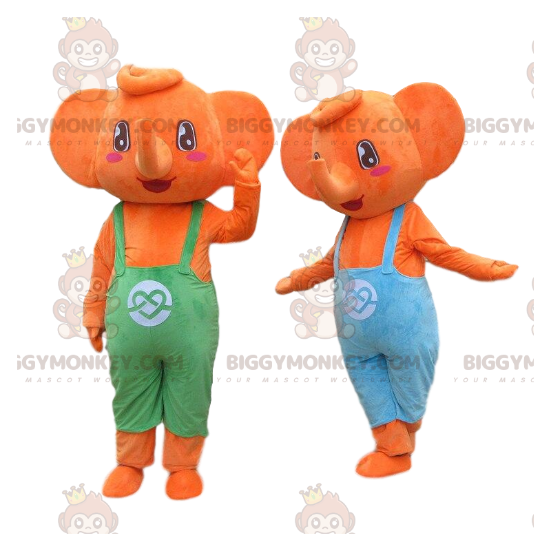 2 elefantes naranjas mascota de BIGGYMONKEY™ con overol.