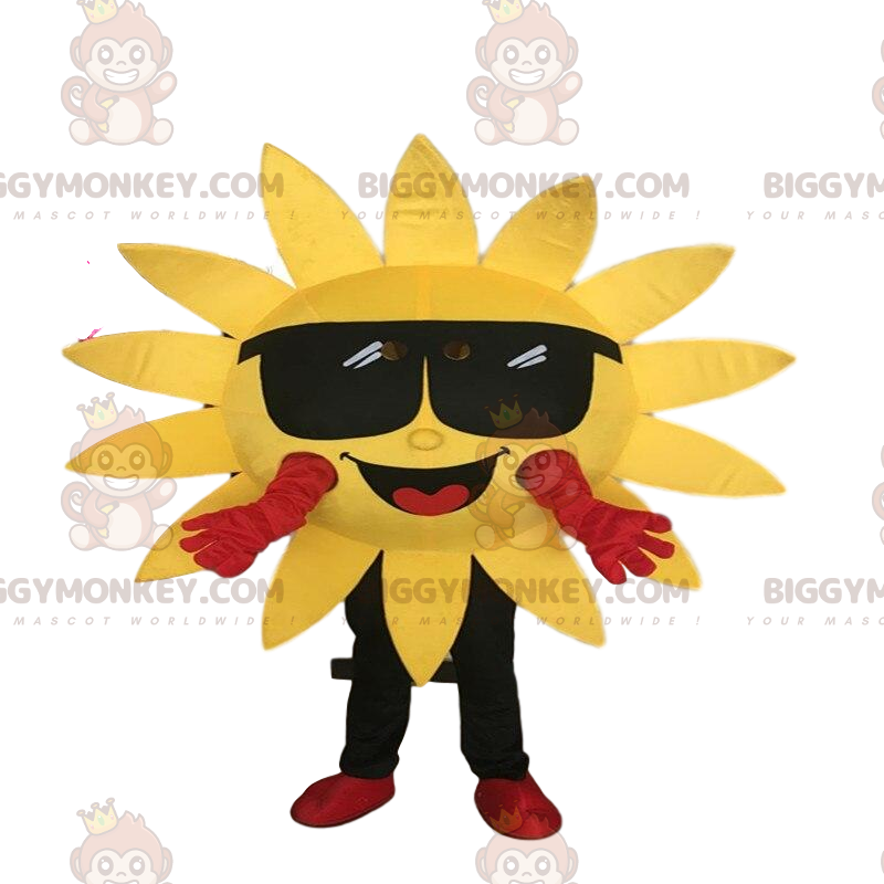 BIGGYMONKEY™ Maskottchenkostüm gelbes Sonnenkostüm mit Brille.