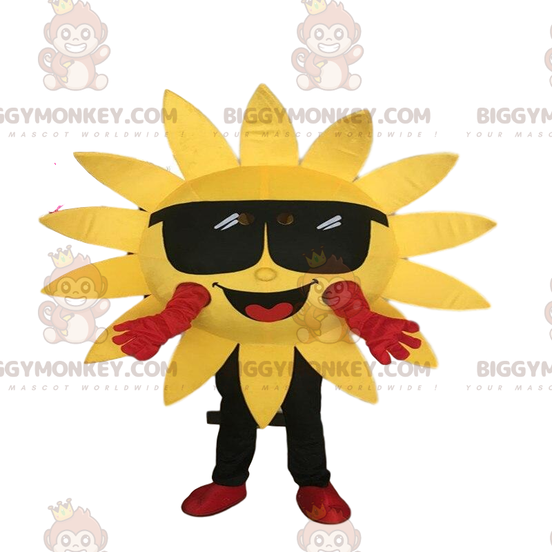 Kostým maskota BIGGYMONKEY™ žlutý sluneční kostým s brýlemi.