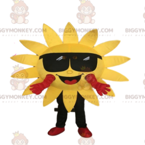 Fato de mascote BIGGYMONKEY™ Fato de sol amarelo com óculos.