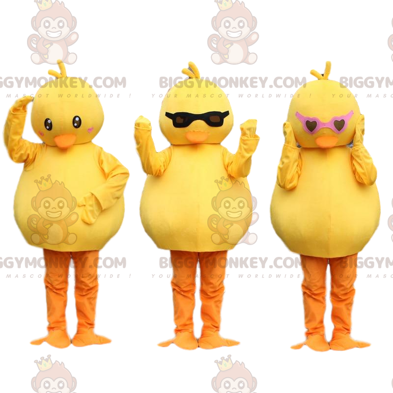 3 mascottes BIGGYMONKEY™ poussins, canaris jaunes. Déguisement