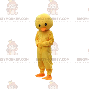 Traje de mascote BIGGYMONKEY™ de pintinho amarelo e laranja.