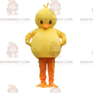 Traje de mascote de pintinho gordo amarelo e laranja