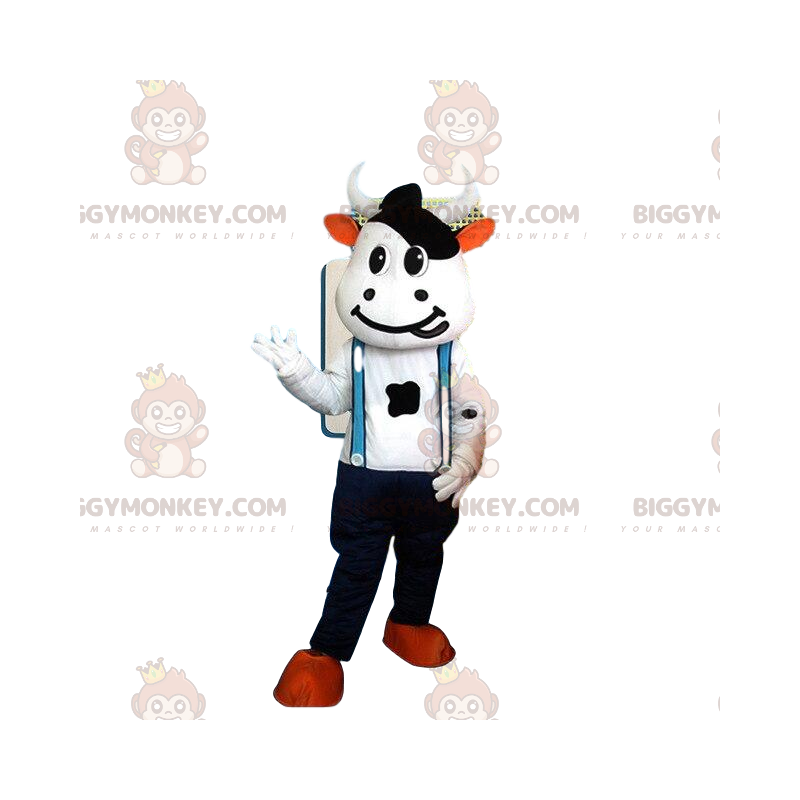 BIGGYMONKEY™ Mascot Kostým bílo-černý kostým krávy s overalem –