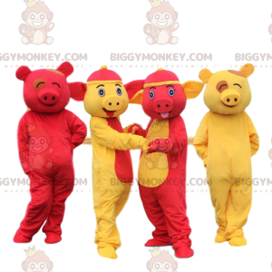 4 BIGGYMONKEY's mascotte gele en rode varkens. 4 kleurrijke