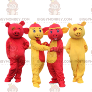 4 BIGGYMONKEY™s maskot gula och röda grisar. 4 färgglada grisar