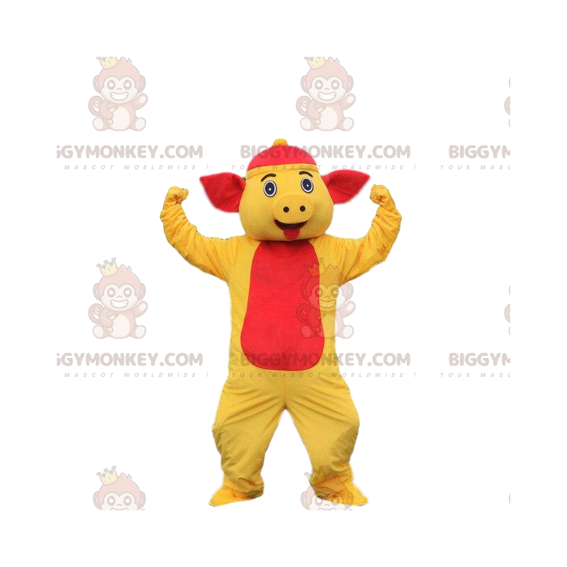 BIGGYMONKEY™ Schweine-Maskottchen-Kostüm gelbes und rotes