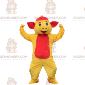 BIGGYMONKEY™ pig mascot costume yellow and red pig costume. pig