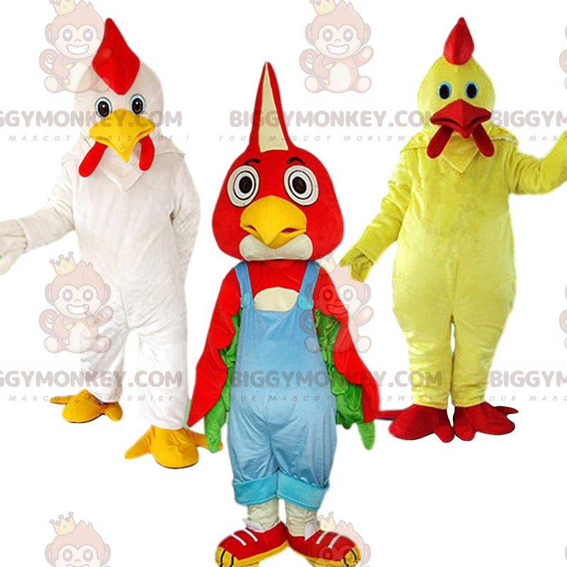 3 mascottes BIGGYMONKEY™ de poules, costumes de poulets