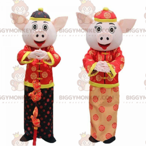 2 asiatiska grisar, BIGGYMONKEY™ kinesisk skyltmaskotdräkt