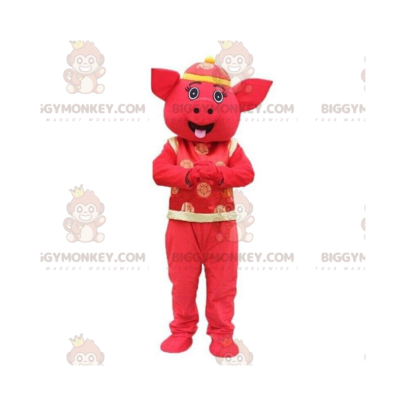 Asia Pig BIGGYMONKEY™ maskotdräkt, asiatisk kostym, röd gris -