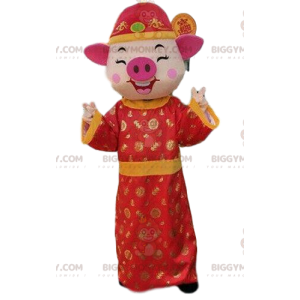 Pig BIGGYMONKEY™ mascot costume in asian outfit, asia costume -