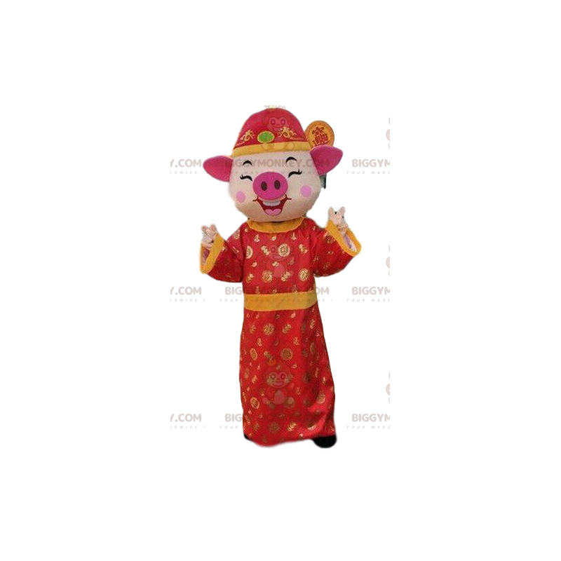 Costume da mascotte di maiale BIGGYMONKEY™ in abito asiatico