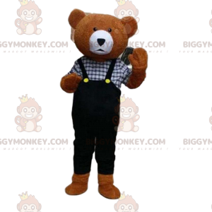 Teddy BIGGYMONKEY™ mascot costume with overalls, brown bear