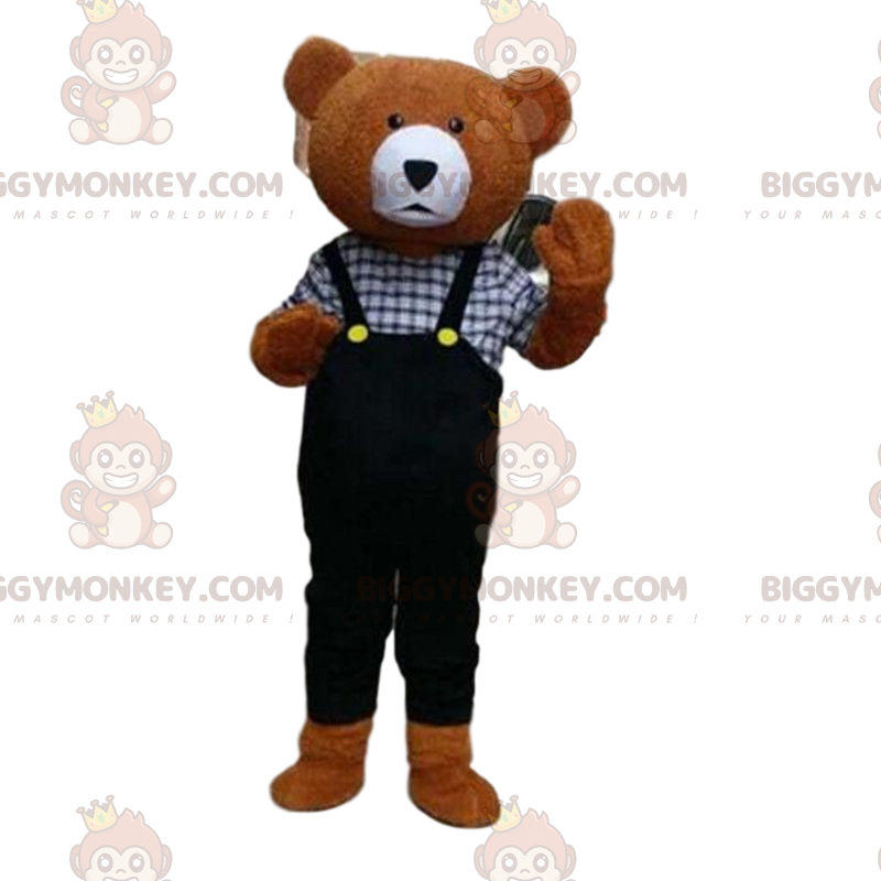 Teddy BIGGYMONKEY™ mascot costume with overalls, brown bear
