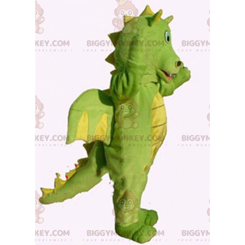 BIGGYMONKEY™ costume da mascotte drago verde e giallo, costume