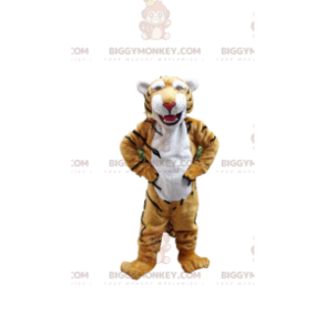 Traje de mascote BIGGYMONKEY™ de tigre amarelo e branco, traje