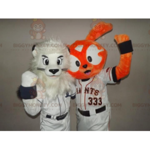 2 mascotes do BIGGYMONKEY™: um leão branco e um coelho laranja