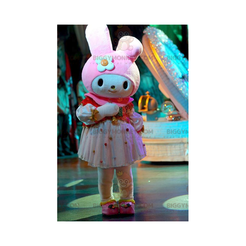 Zeer vrouwelijk wit en roze konijn BIGGYMONKEY™ mascottekostuum
