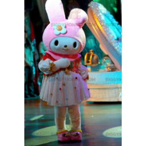 Zeer vrouwelijk wit en roze konijn BIGGYMONKEY™ mascottekostuum