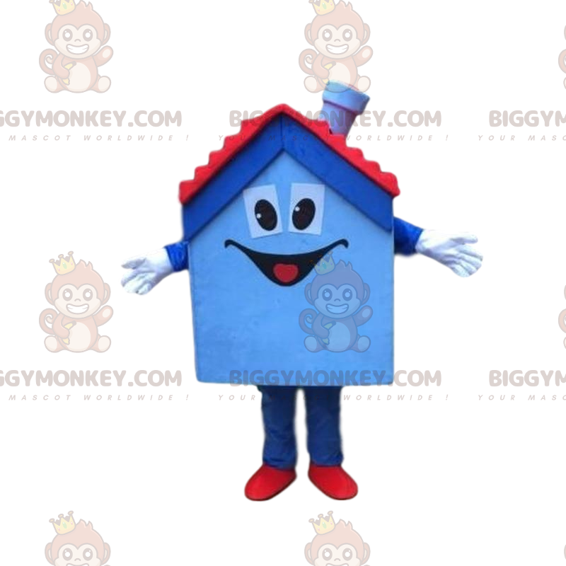 Blauw en rood huis, huis BIGGYMONKEY™ mascottekostuum, woning -